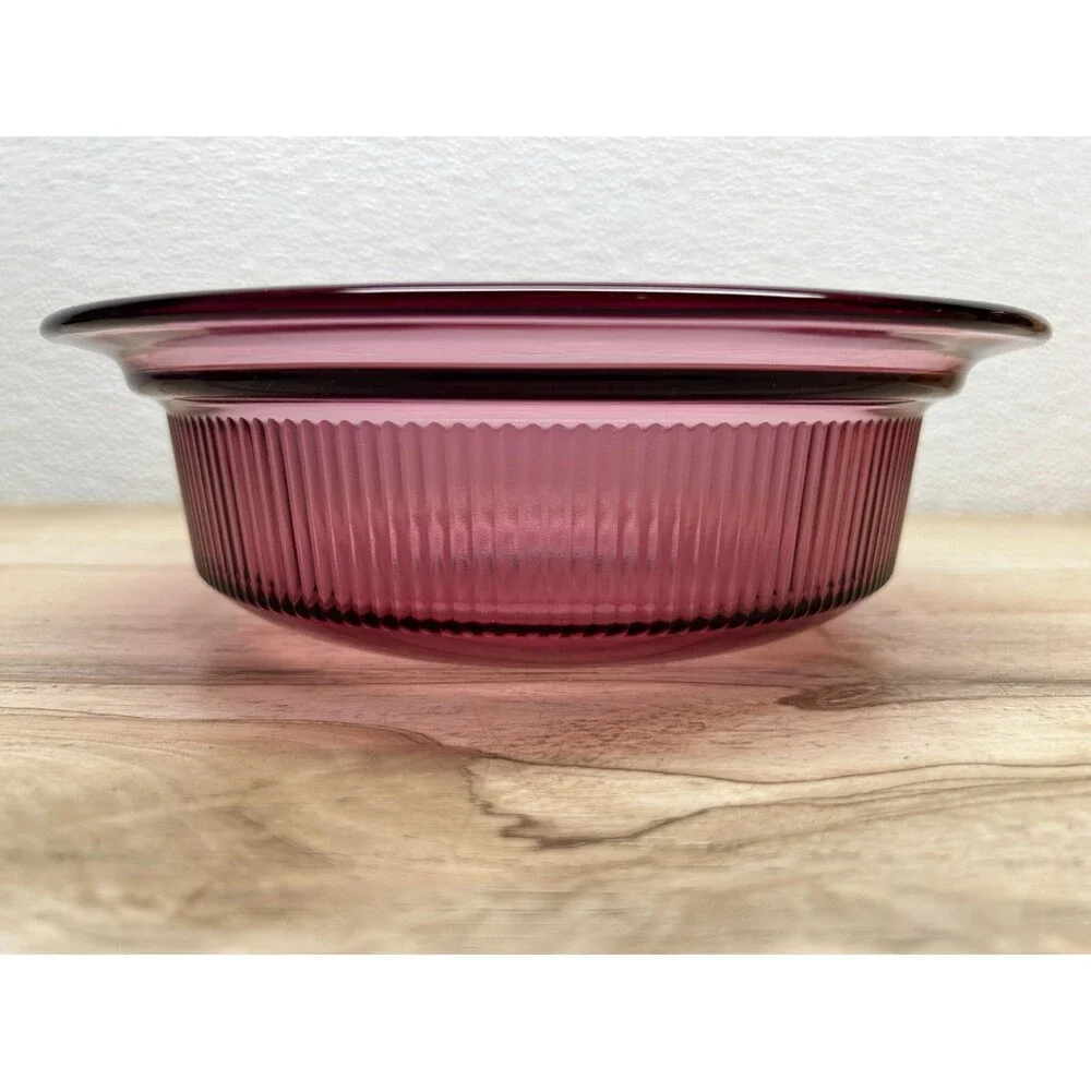 Vtg 1991 Pyrex Vision Cranberry Coning Cookware 1-Qt/L Round Casserole With Lids